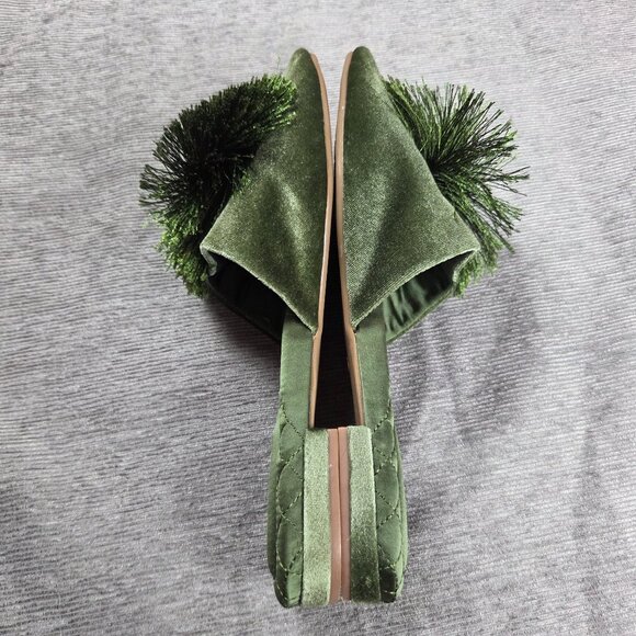 Birdies The Songbird Pom Pom Mules Size 9.5 Green Velvet Shoes Slides Festive - Picture 5 of 7